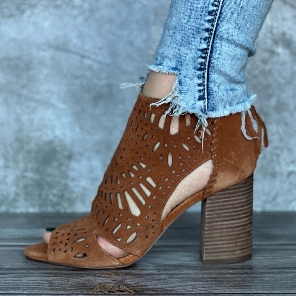 Ivanka Trump Brown Suede Cutout Block Heel Sandals